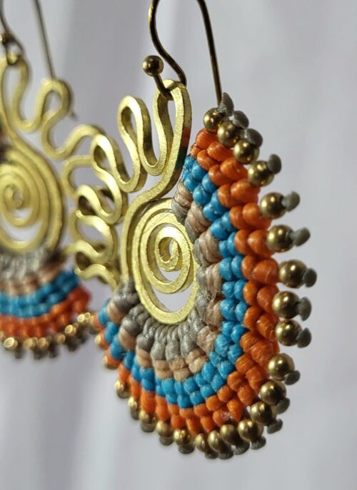 Boucles Bronze Macramé Orange Turquoise Fait Main
