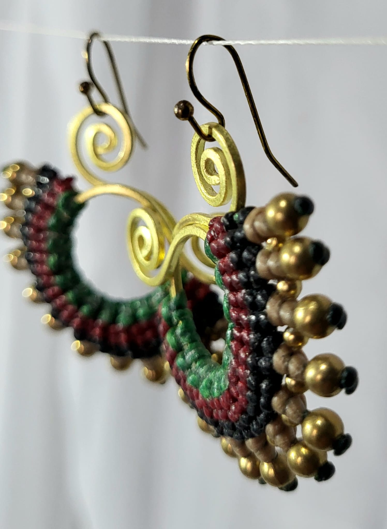 Boucles Bronze Macramé Créoles Bordeaux Fait Main