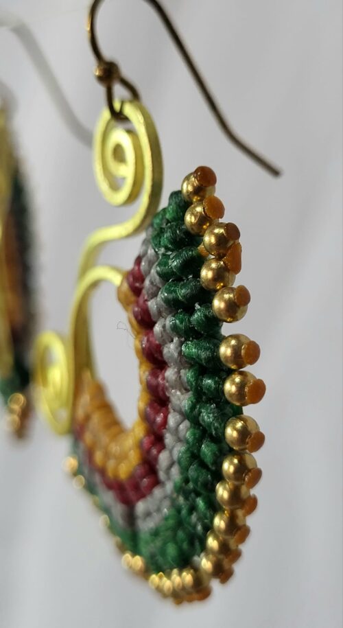Boucles Macramé Croissant Vert Bordeaux Or Bronze