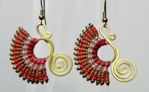 Boucles Macramé Papillon Rouge Corail Rose Bronze