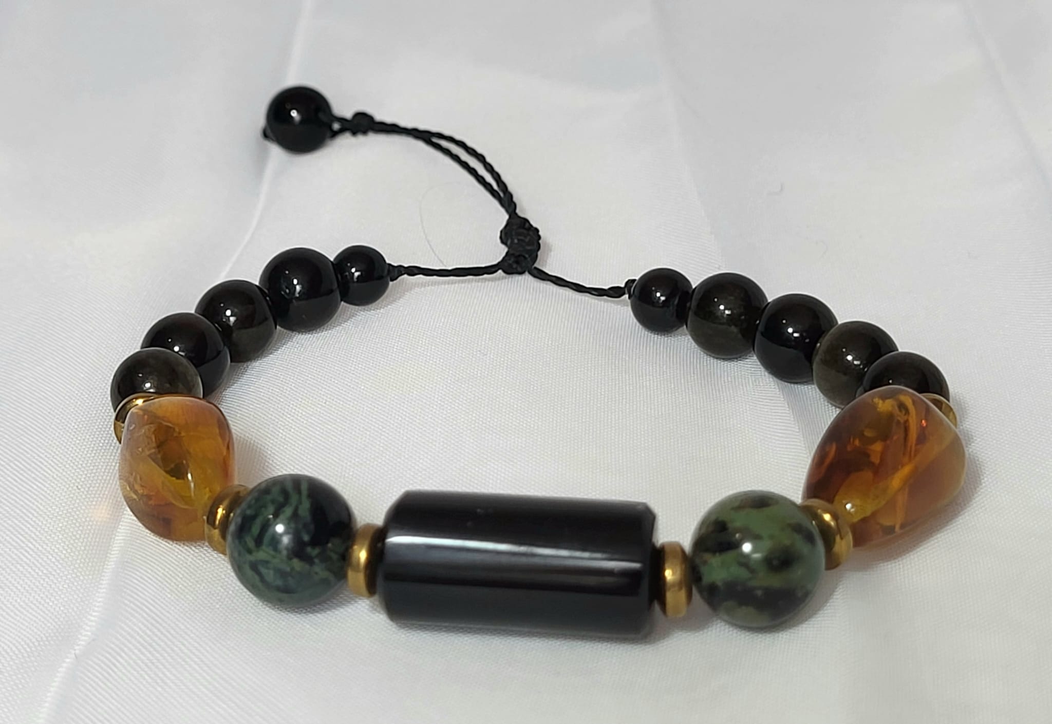 Bracelet Ambre Obsidienne Jade Trio Sacré Fait Main