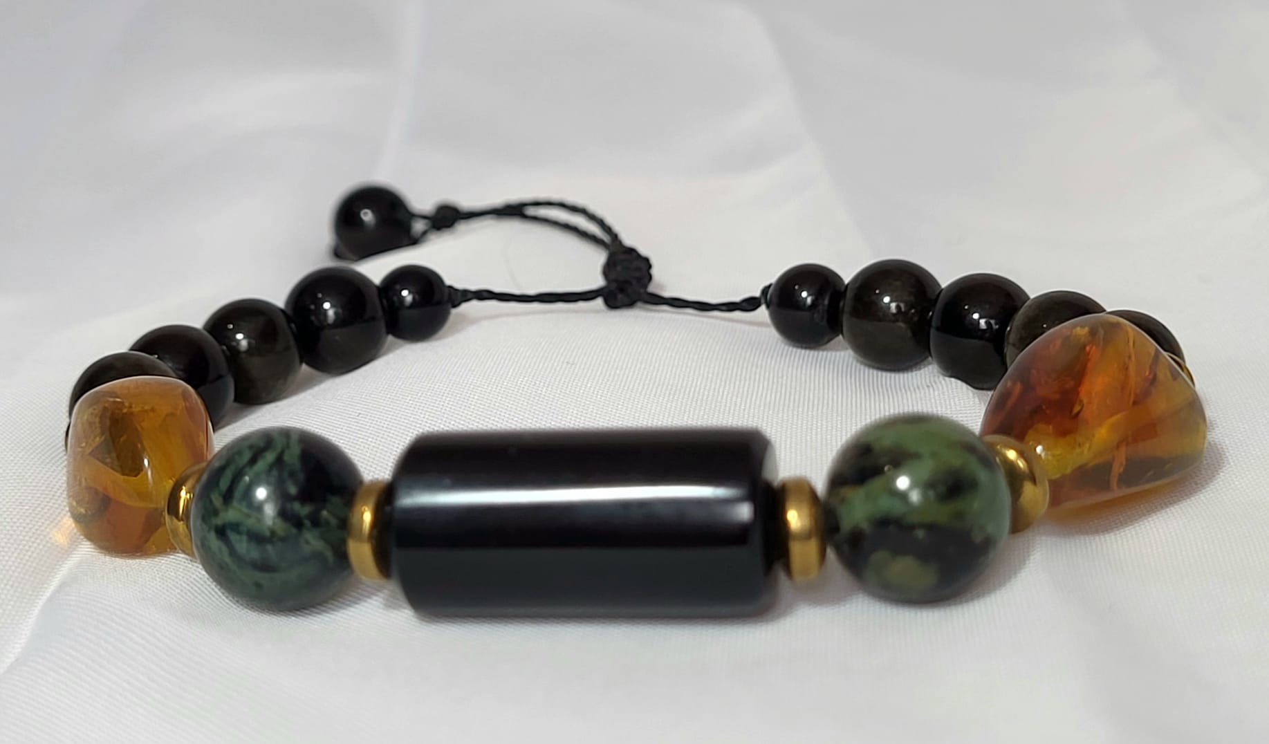 Bracelet Ambre Obsidienne Jade Trio Sacré Fait Main