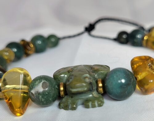 Bracelet Ambre Jade Crapaud Sculpté Maya Fait Main