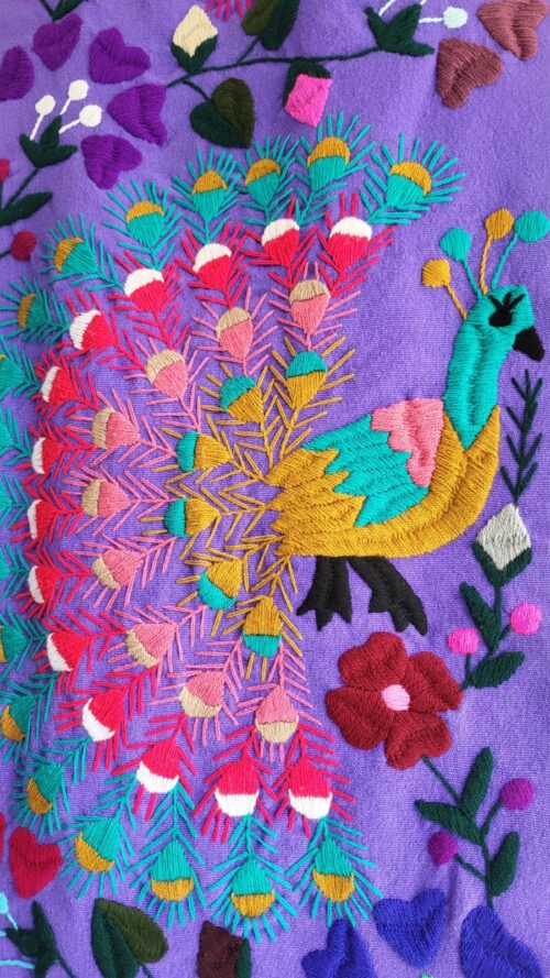 Broderie Chiapas Mauve Paon Fait Main 175cm