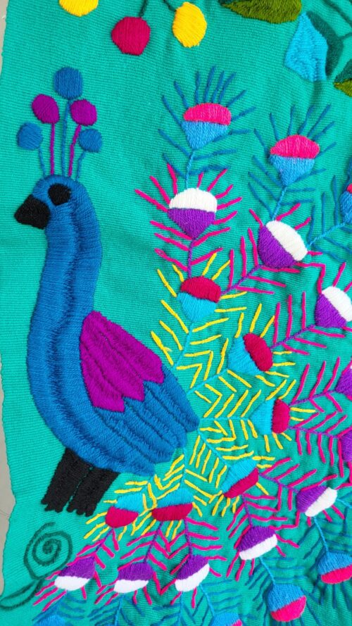 Broderie Chiapas Vert Turquoise Paon Fait Main 173cm