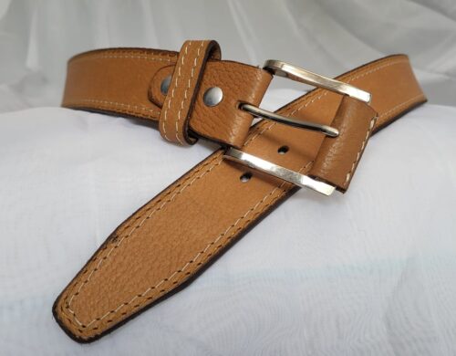 Ceinture Cuir Pleine Fleur Homme Beige Fait Main