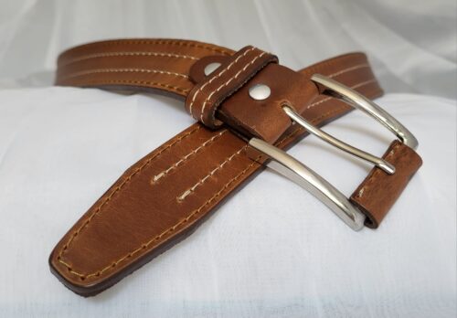 Ceinture Cuir Pleine Fleur Homme Beige Fait Main