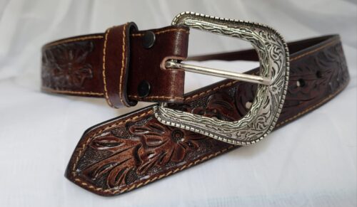 Ceinture Cuir Pleine Fleur Unisexe Marron foncé