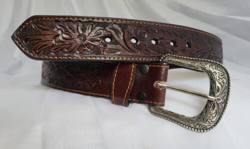 Ceinture Cuir Pleine Fleur Unisexe Marron foncé