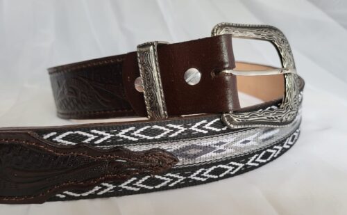 Ceinture Cuir Brodée Unisexe Noir et gris Fait Main
