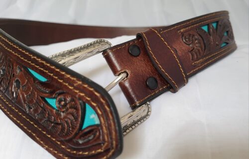 Ceinture Cuir Gravée Incrustée Unisexe Naturel et vert