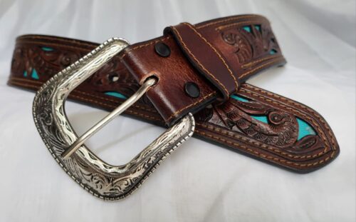 Ceinture Cuir Gravée Incrustée Unisexe Naturel et vert