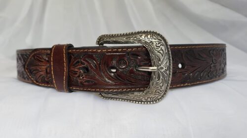 Ceinture Cuir Gravée Unisexe Marron foncé Fait Main