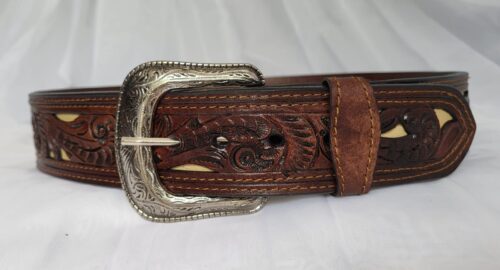 Ceinture Cuir Gravée Incrustée Unisexe Naturel foncé et
