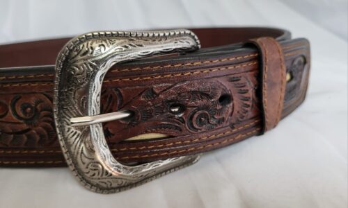 Ceinture Cuir Gravée Incrustée Unisexe Naturel foncé et