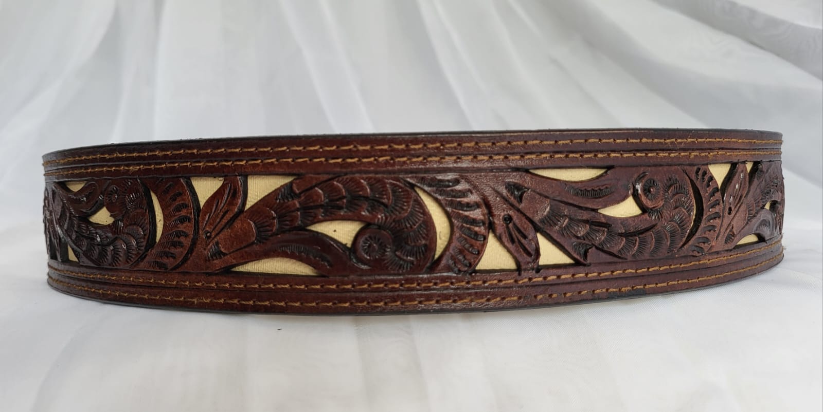 Ceinture Cuir Gravée Incrustée Unisexe Naturel foncé et