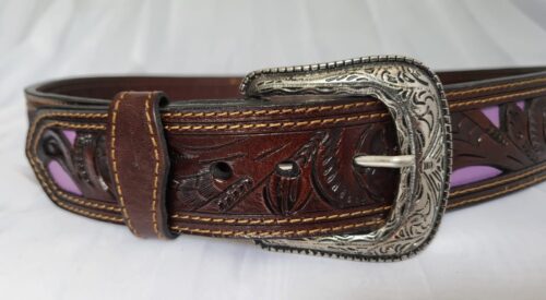 Ceinture Cuir Gravée Incrustée Unisexe Naturel foncé et
