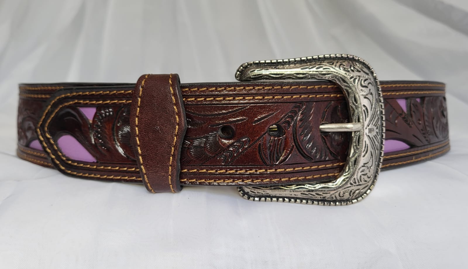 Ceinture Cuir Gravée Incrustée Unisexe Naturel foncé et