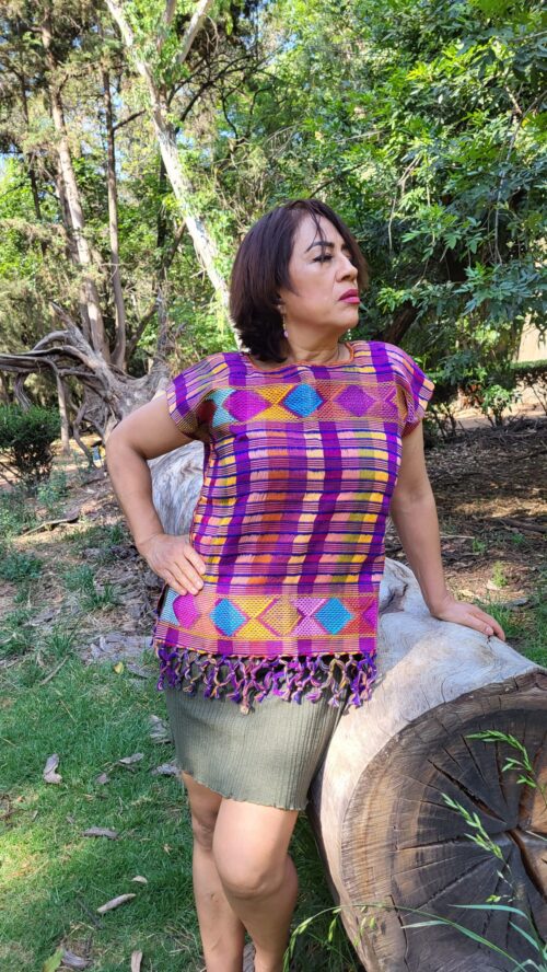 Haut Traditionnel Mexicain Violet multicolore Franges