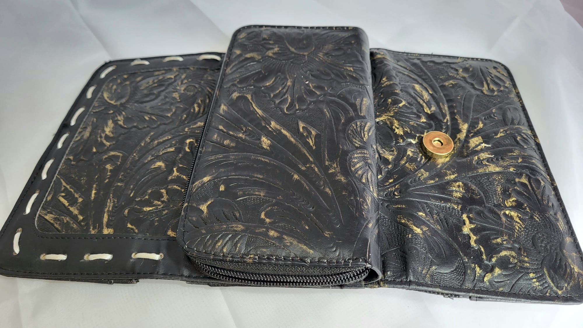 Portefeuille Cuir Noir reflets dorés Artisanat Mexicain