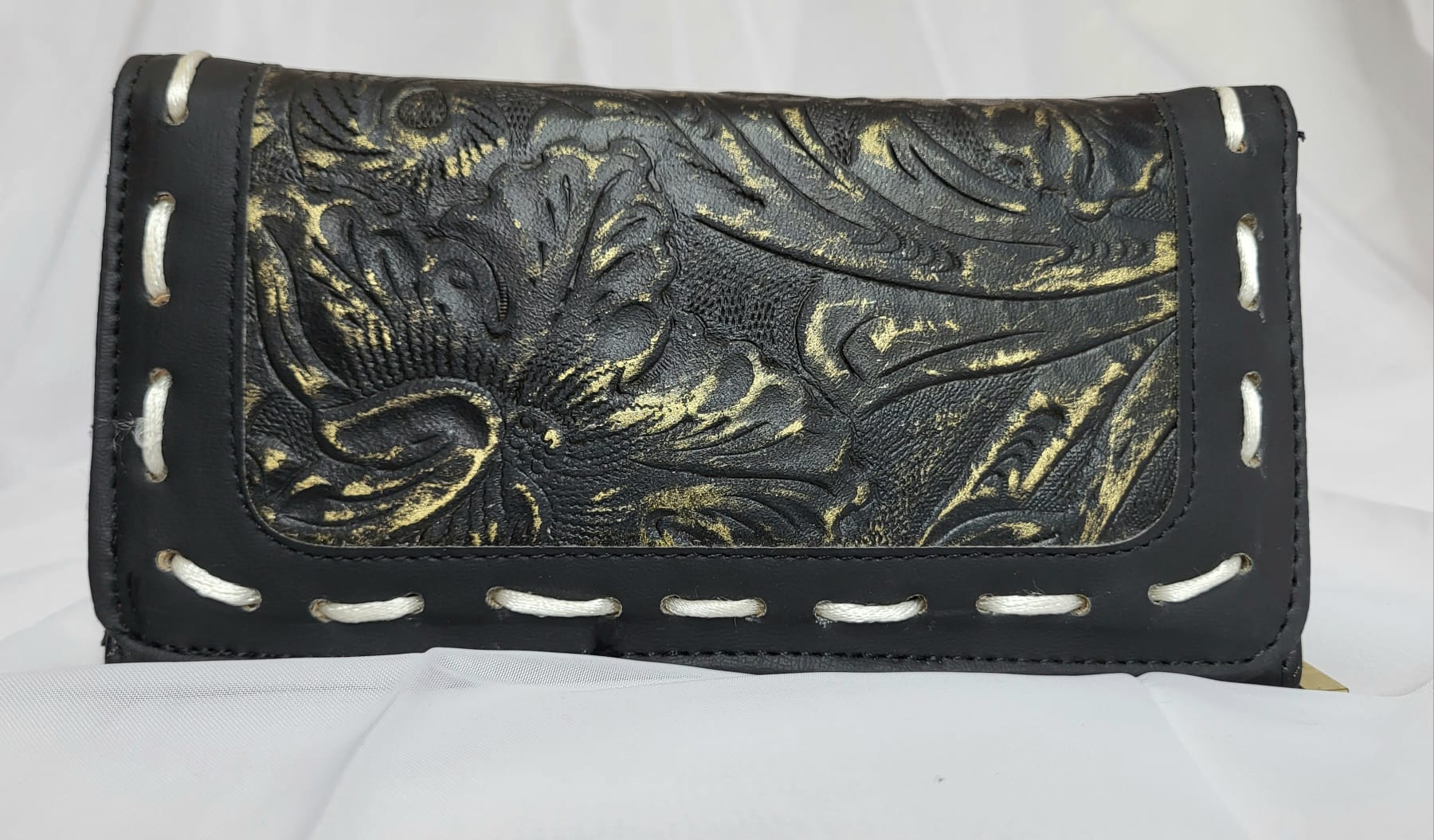 Portefeuille Cuir Noir reflets dorés Artisanat Mexicain