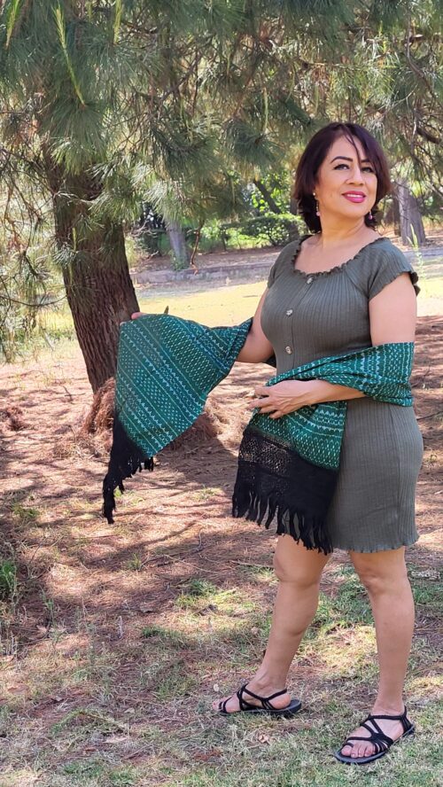 Châle Foulard Coton Tissé Vert et noir Fait Main