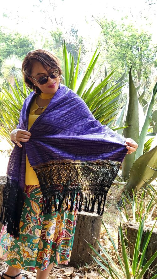 Châle Foulard Coton Tissé Violet et noir Fait Main