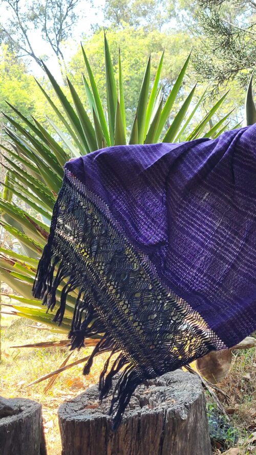 Châle Foulard Coton Tissé Violet et noir Fait Main