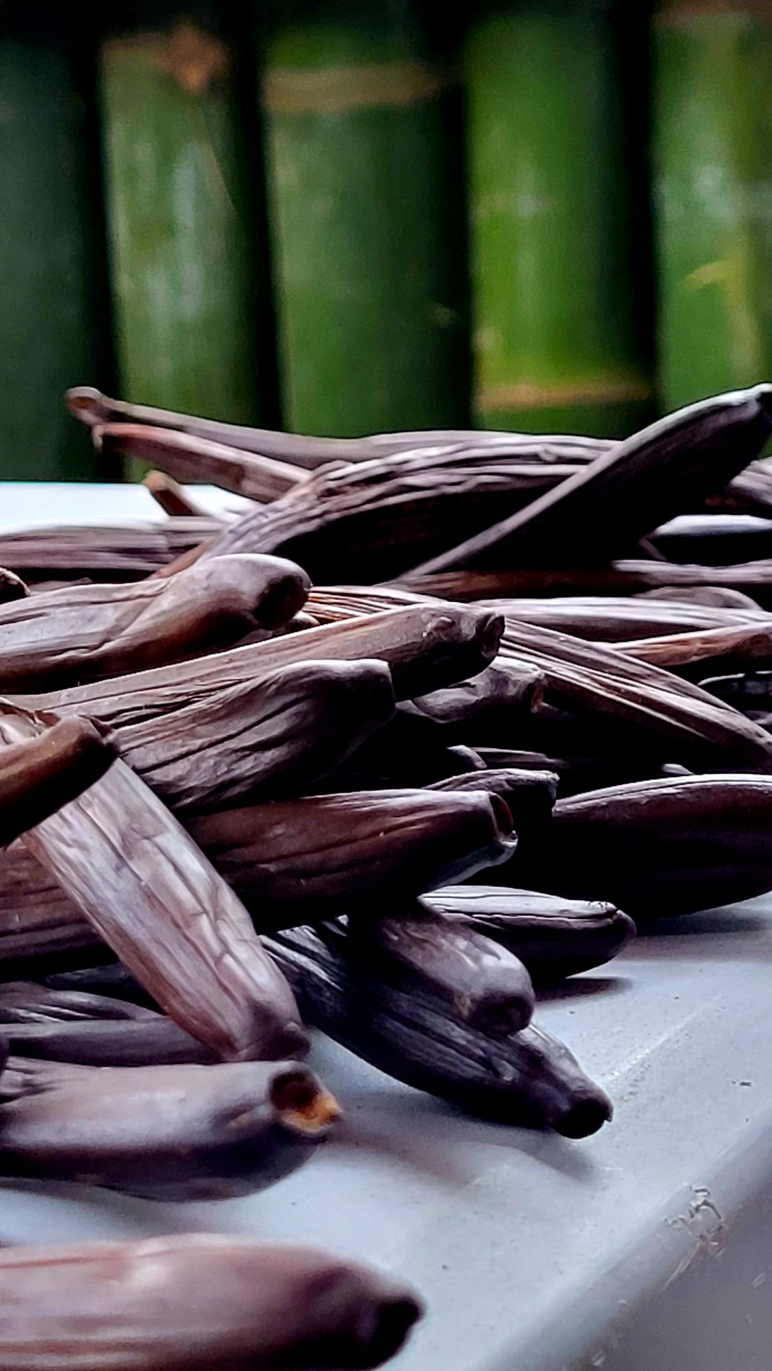 Tas de gousses de vanille de Papantla brun foncé