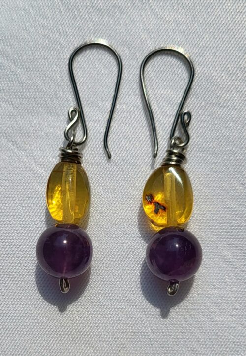Boucles d'Oreilles Ambre Améthyste Doré Violet - Bijou Artis