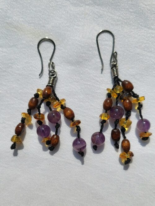 Boucles d'Oreilles Cascade Ambre Œil du Tigre Améthyste - Fa