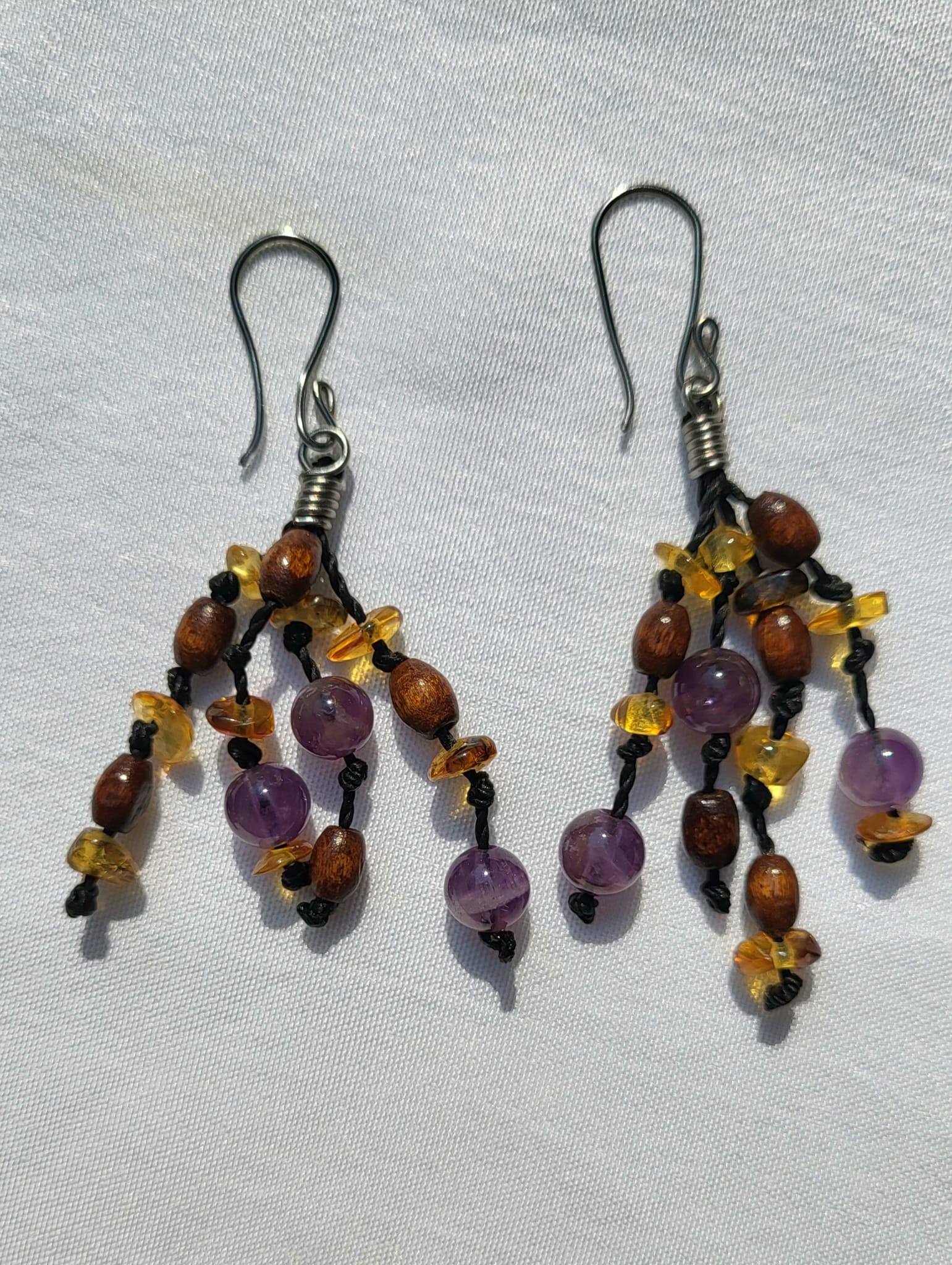 Boucles d'Oreilles Cascade Ambre Œil du Tigre Améthyste - Fa