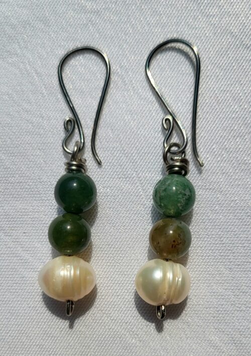 Boucles d'Oreilles Trio Jade Perles Nacrées - Fait Main Mexi